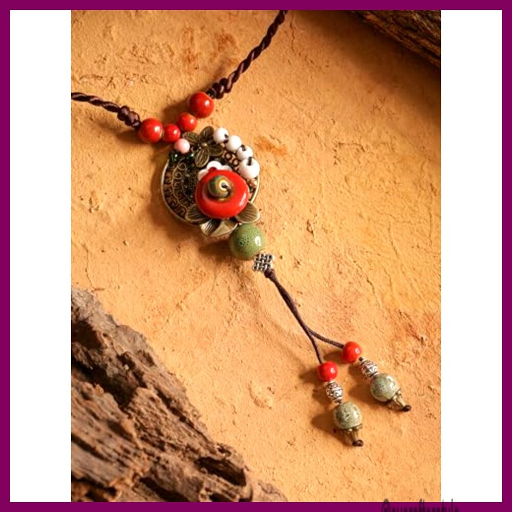 Adjustable Ceramic Bead Statement Y Necklace, Boh… - image 3